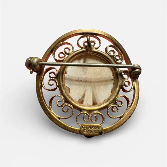 Vintage Catamore Carved Rose Brooch 12K Gold Filled Filigree Circle - Picture 3 of 6